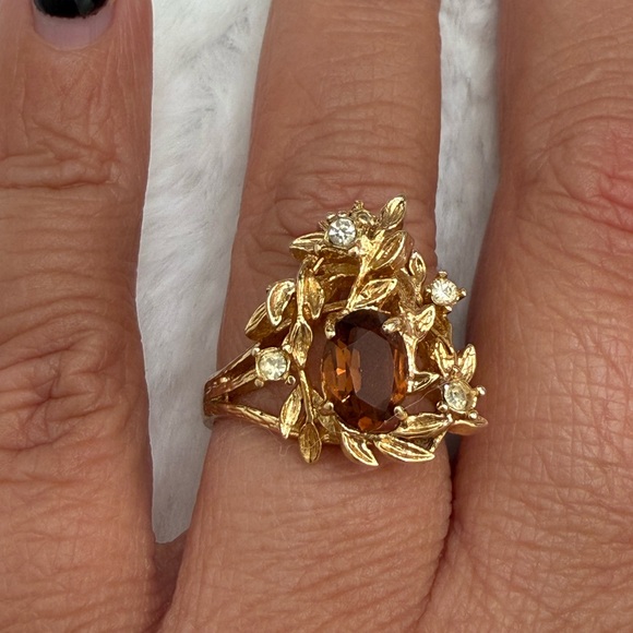 Jewelry - Vintage Floral Smoky Topaz Rhinestone Ring Gold Tone 18K HGE